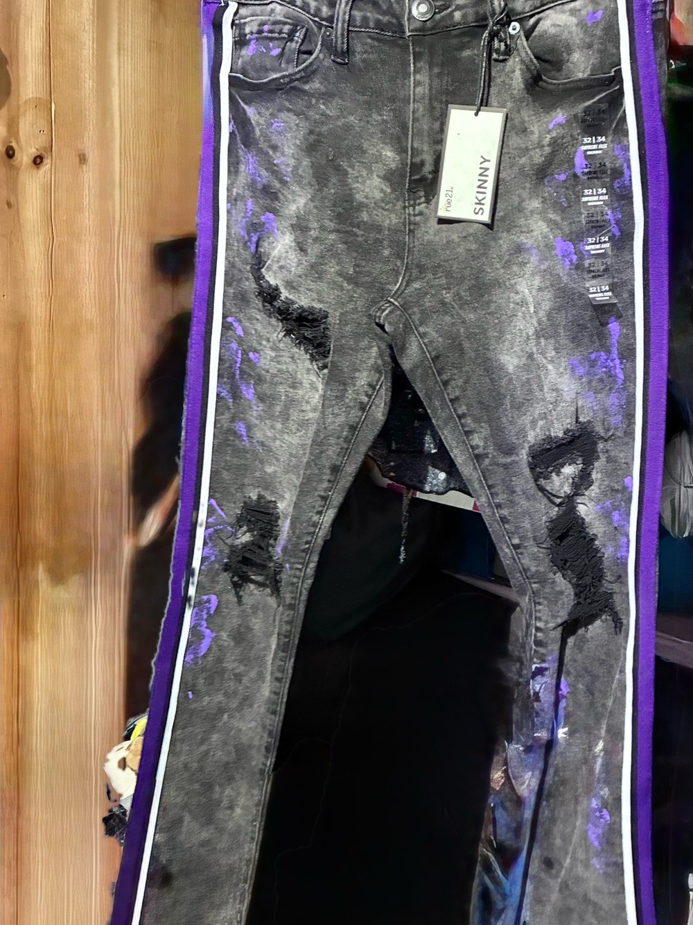 Supreme Black Acid-Wash Skinny Jeans with Purple Side Stripes